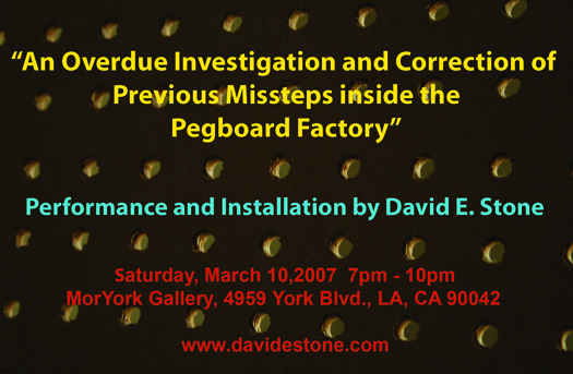 Postcard image for David E. Stone performance, “An Overdue Investigation and Correction of Previous Missteps inside the Pegboard Factory”